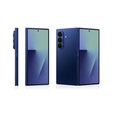 Blue Samsung Galaxy Z Fold 7 shown from multiple angles on a white background