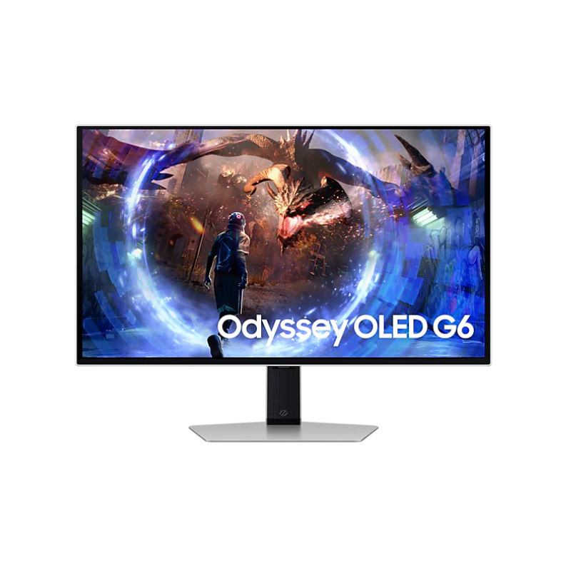 Samsung Odyssey OLED G6 monitor with a dynamic display on a white background