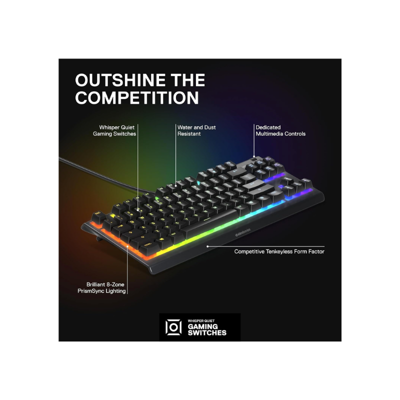 SteelSeries Apex 3 TKL RGB Gaming Keyboard with RGB lighting and feature text on a dark background