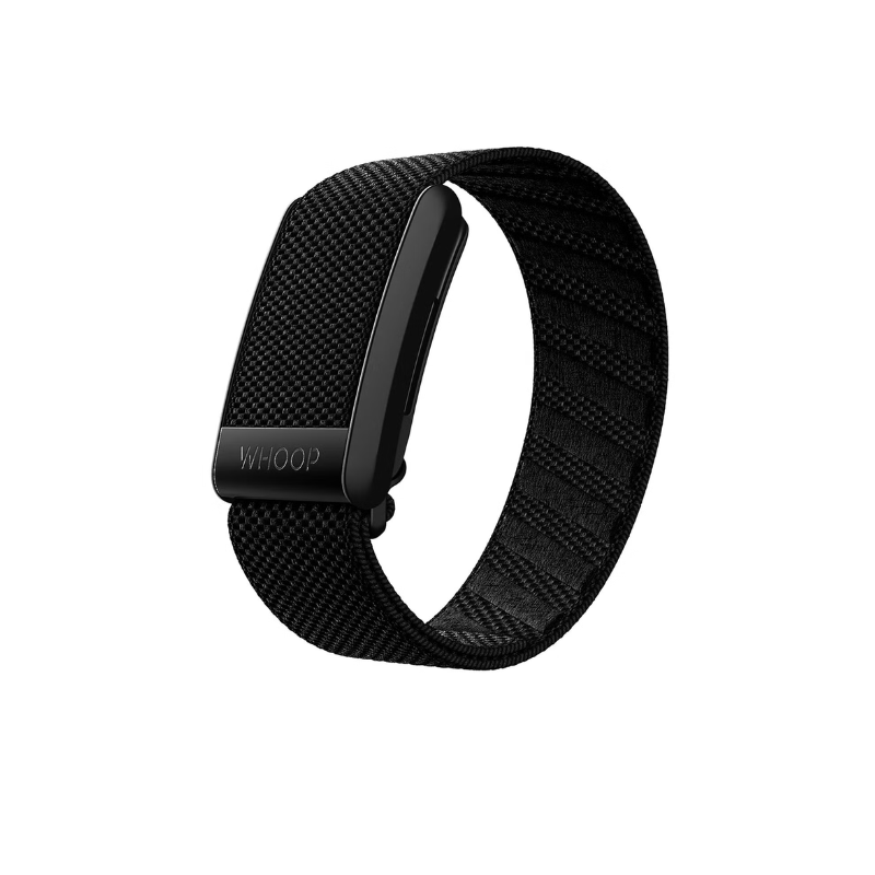 Black fitness WHOOP Life tracker with mesh band on a white background