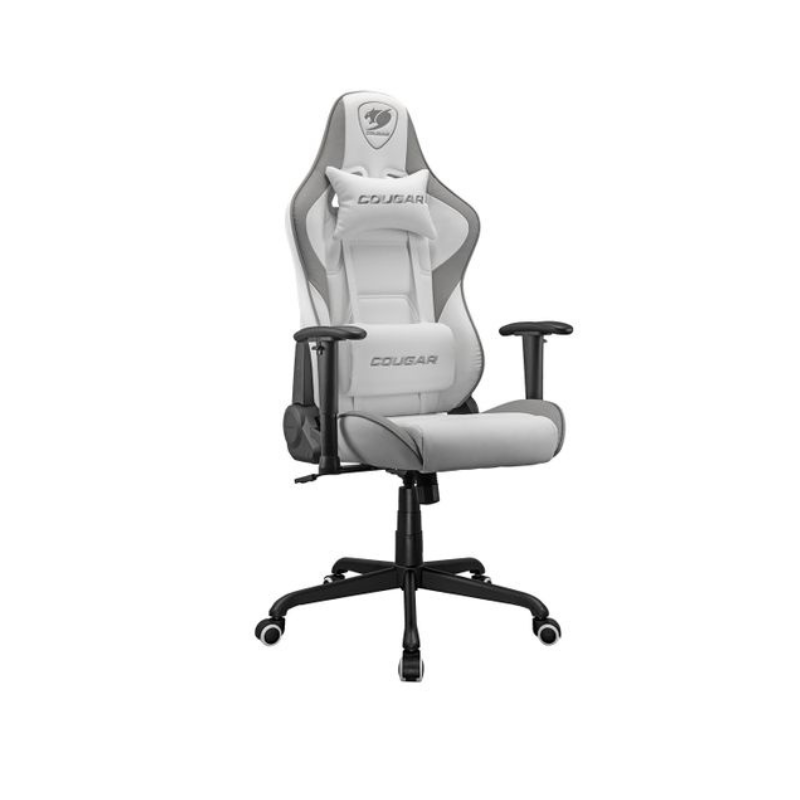 A white Cougar Armor One V2 Elite Gaming Chair with adjustable armrests and a five-wheel base.