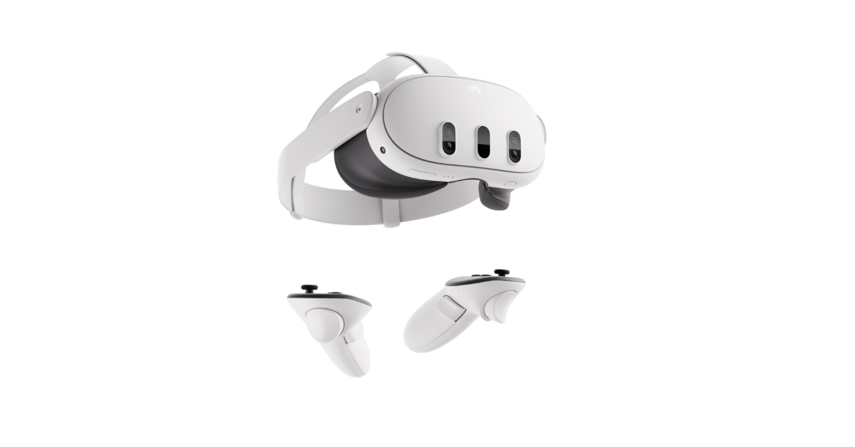 White Oculus Meta Quest 3VR headset and controllers on a white background