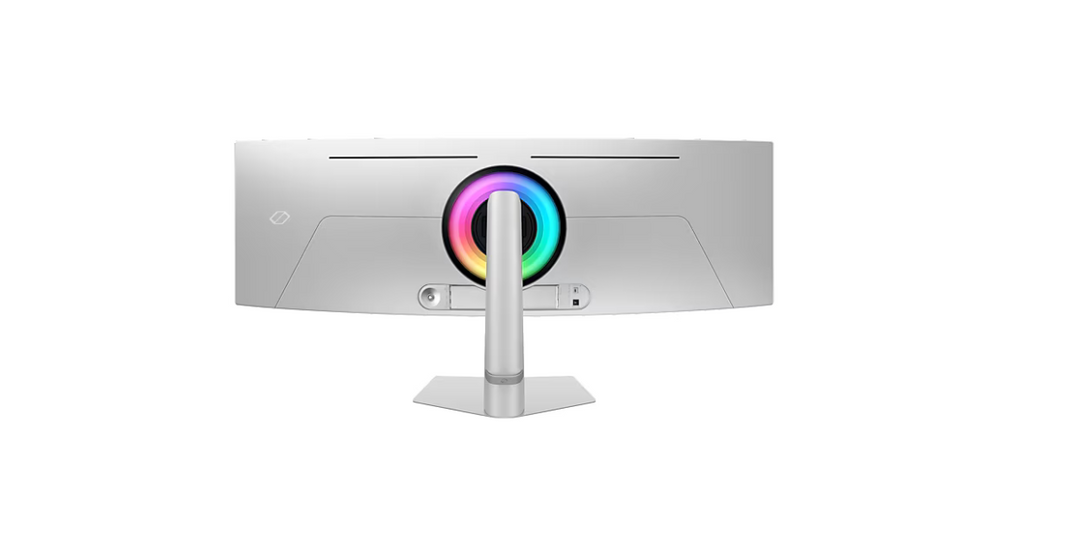 Samsung 49″ Odyssey OLED G9 G93SC – LS49CG934SMXUE Monitor with RGB lighting on a white background