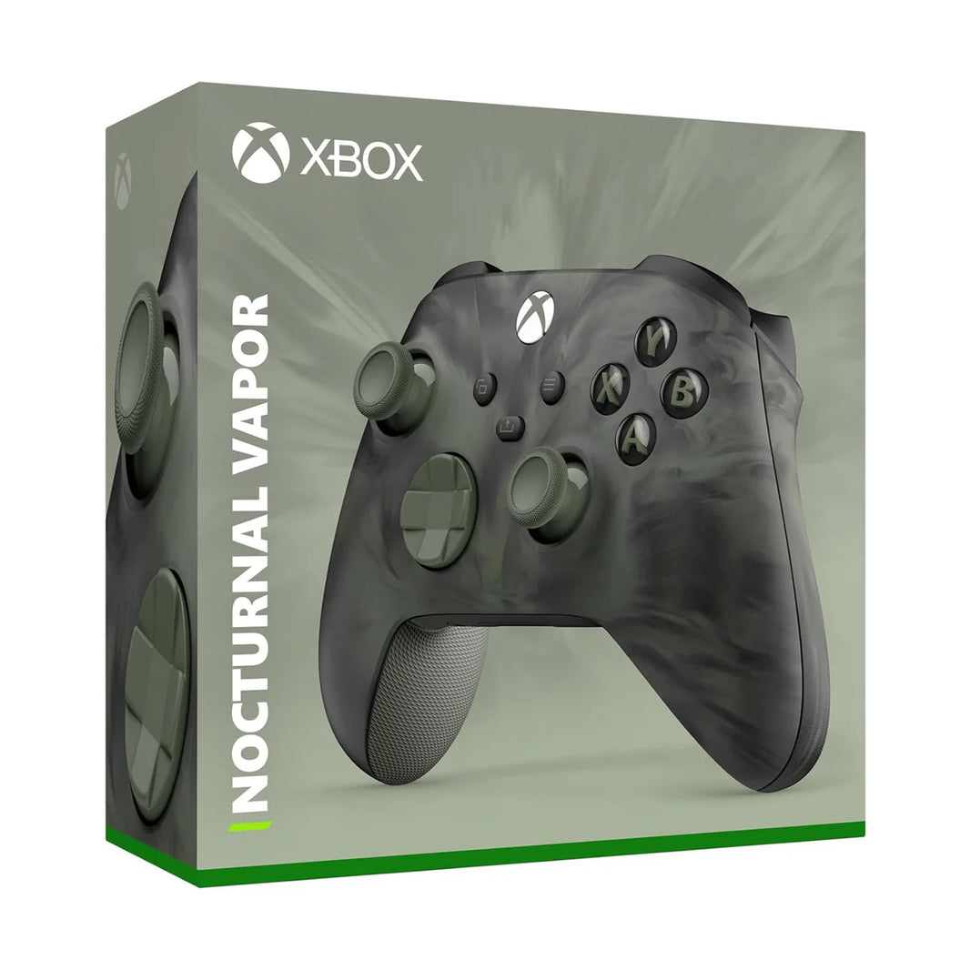 The product image shows the packaging of the Xbox Series X Wireless Controller in Nocturnal Vapor color. The controller is depicted in shades of light and dark green with a swirl pattern, and the packaging is labeled accordingly.