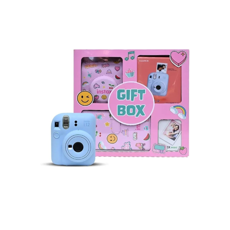 Fujifilm Instax Mini 12 Gift Box in Pastel Blue featuring camera, film pack, matching case, and photo album.