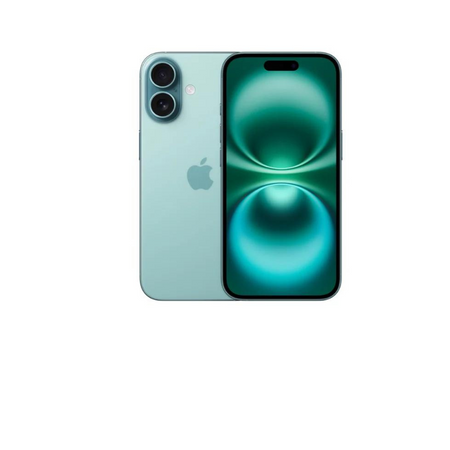 An Apple iPhone 16 in teal color, showing the front with the screen on and the back of the phone with the dual camera system.
