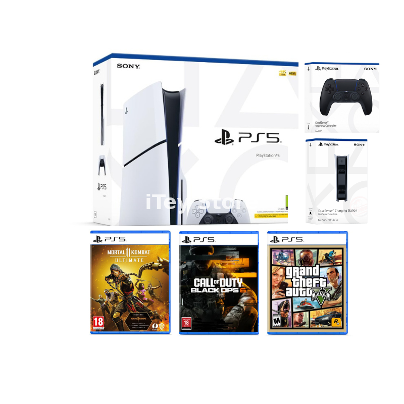 PS5 Slim Disc Edition Bundle with controller, games, and accessories on a white background