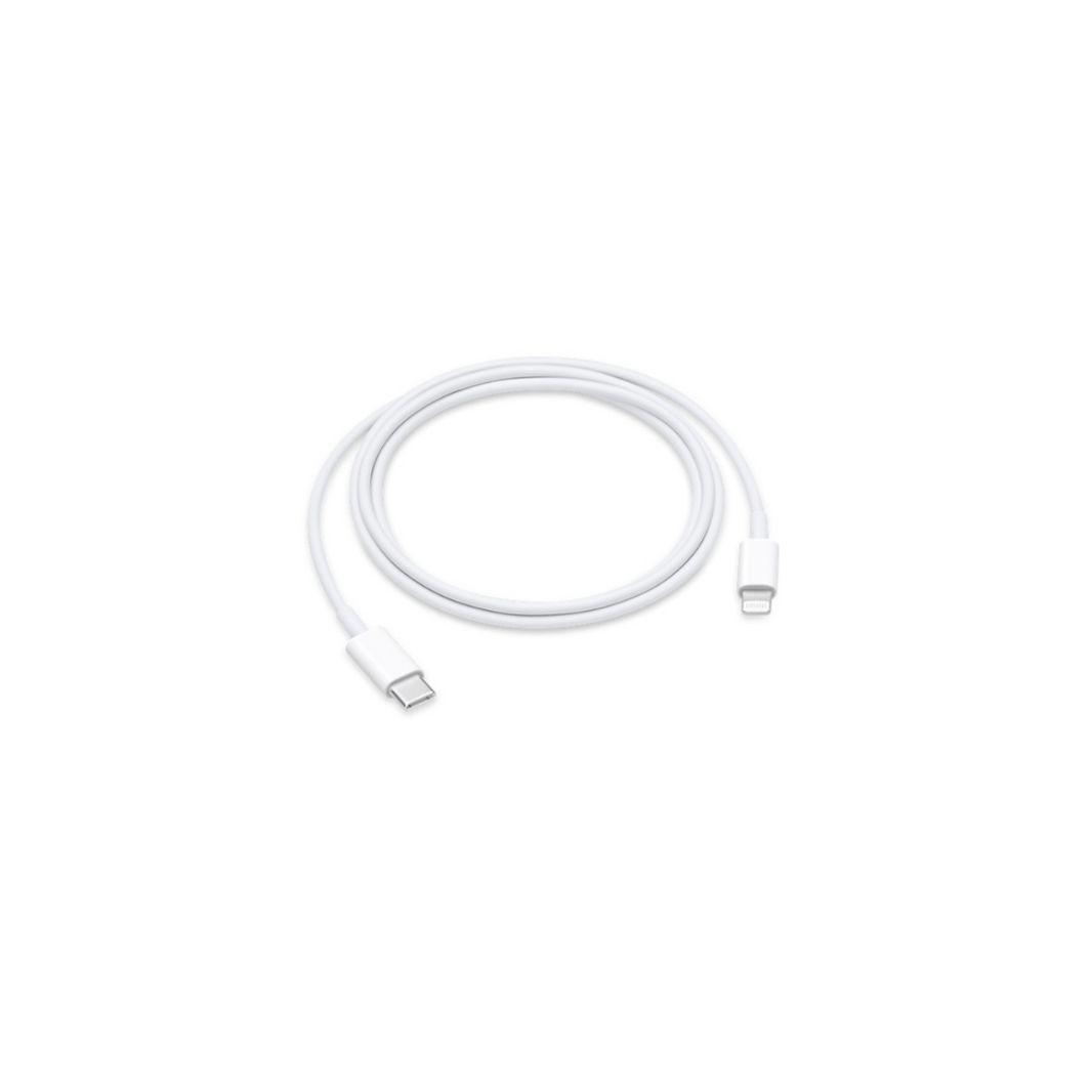 A white USB-C to Lightning cable with a Lightning connector on one end and a USB-C connector on the other end.