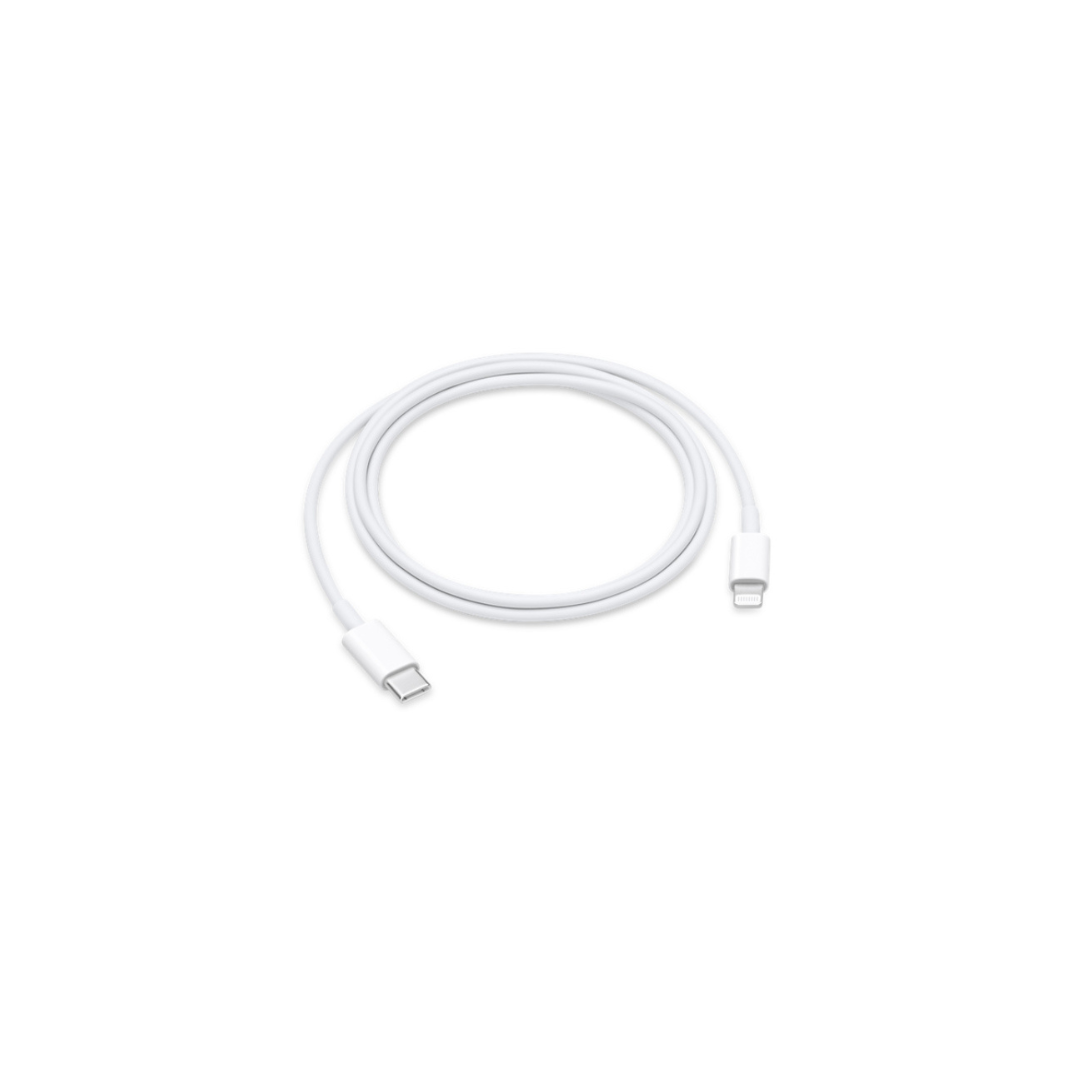 A white USB-C to Lightning cable with a Lightning connector on one end and a USB-C connector on the other end.